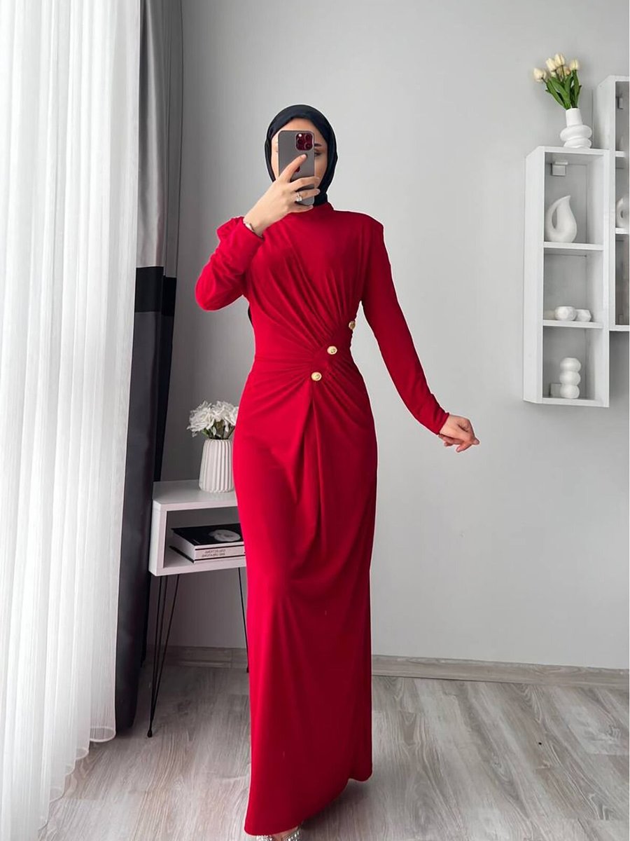 XXL BUTİK Kırmızı Sandy Kumaş Düğmeli X Nms046 Elbise