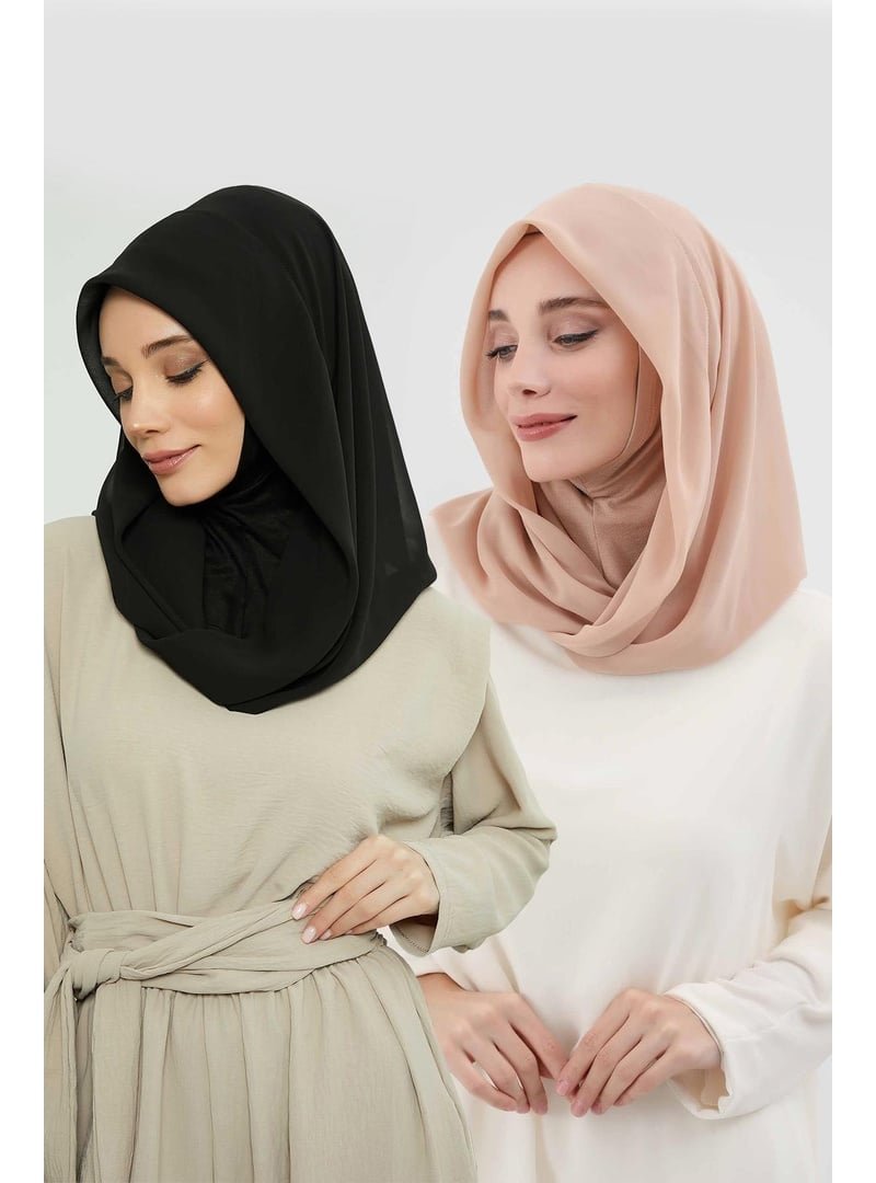 Aisha`s Design Sütlü Kahve 2'li Set Penye İç Boneli Şifon Şal,ps 45set Siyah
