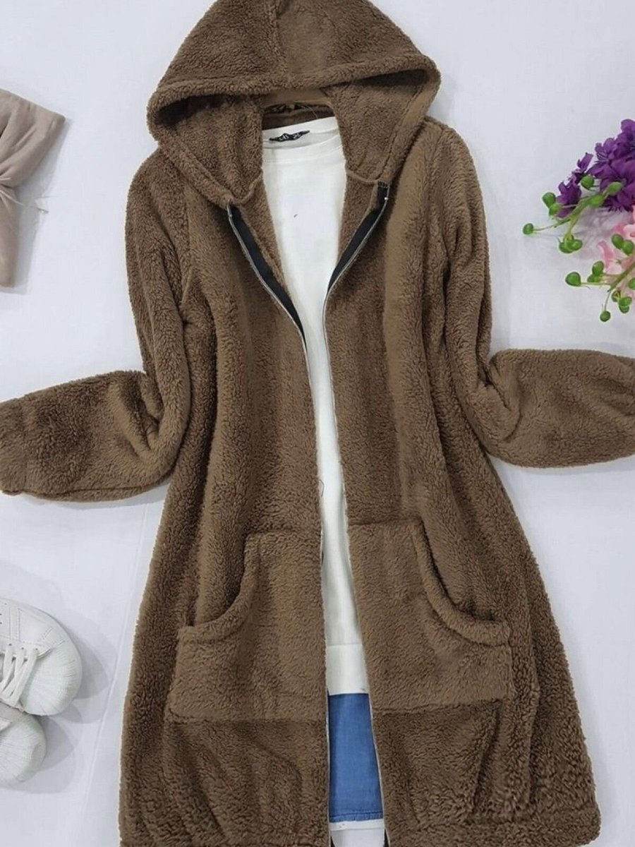 HİJABAYA Kahve Kanguru Cepli Kapüşonlu Peluş Mont