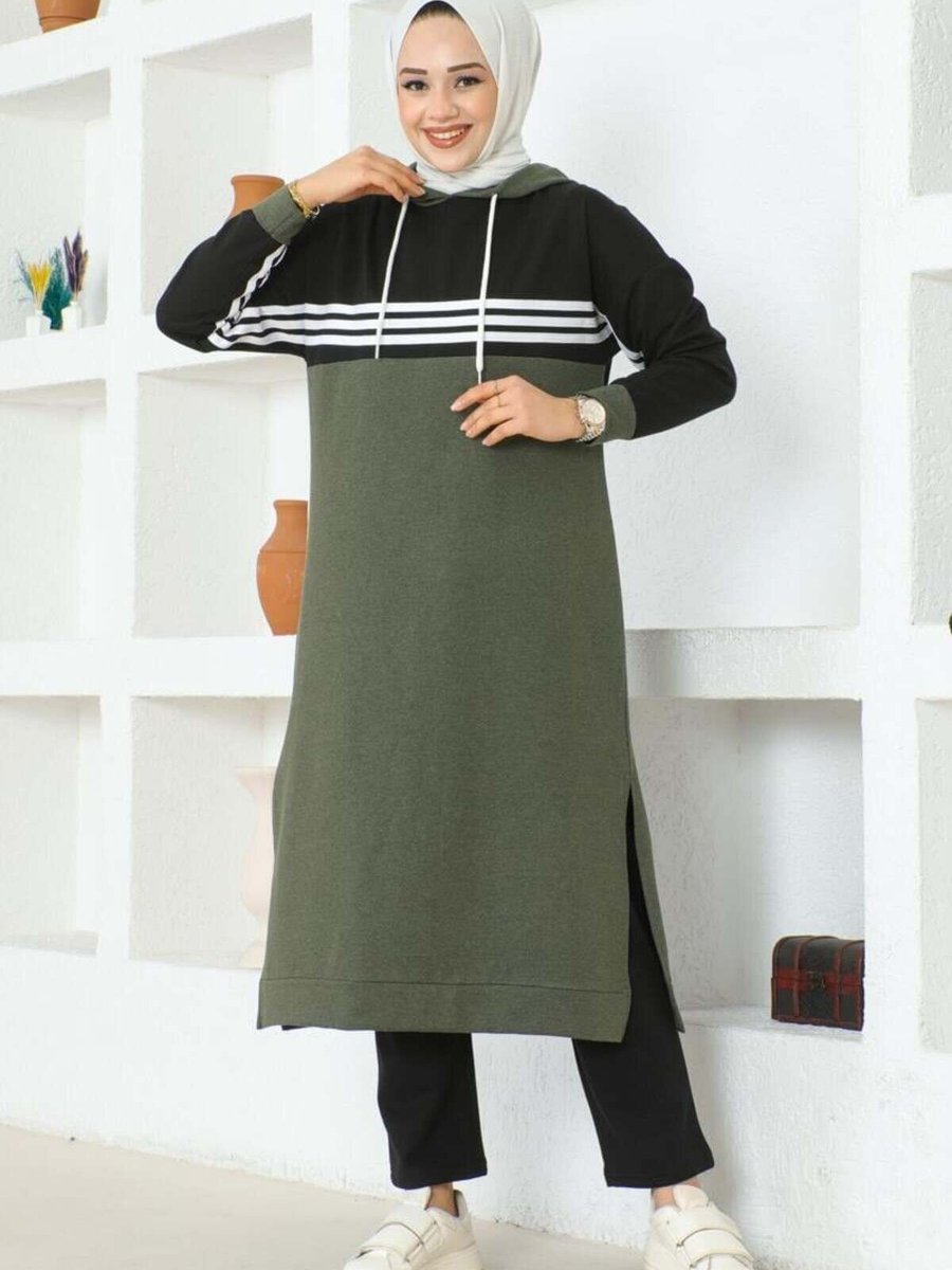 Mec Fashion Haki Şeritli Yırtmaçlı Spor İkili Takım
