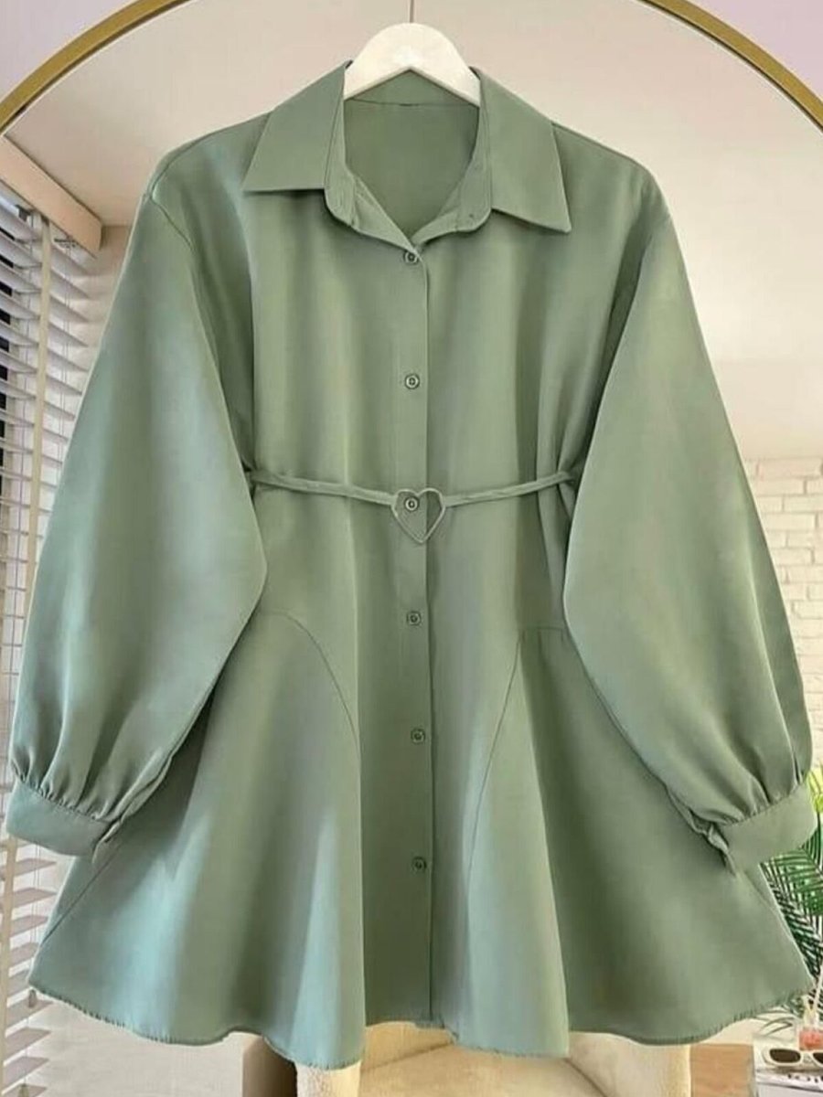 Nergis Neva Butik Yeşil Kalp Tokalı Kemerli Tunik