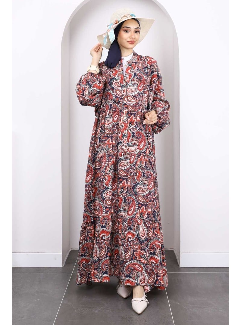 İmaj Butik Bordo Yarım Düğmeli Eteği Katlı Elbise