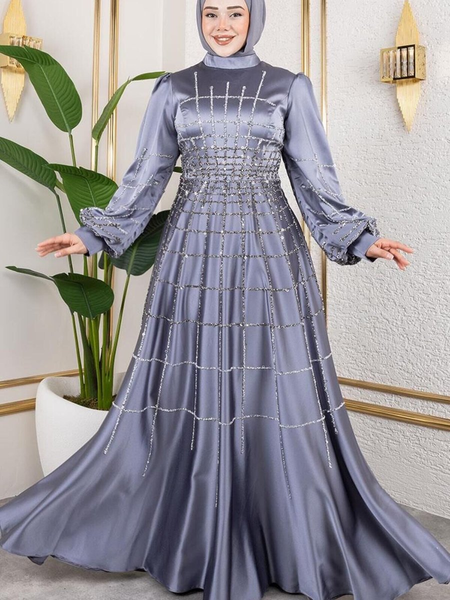 Mec Fashion Gümüş Kafes Model Saten Abiye Elbise