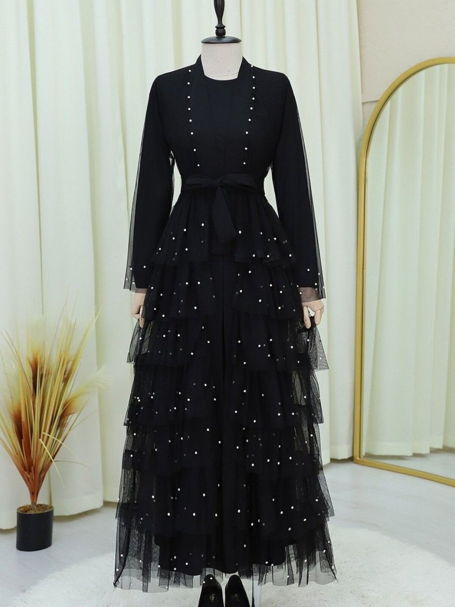 HİJABAYA Siyah Eteği Katlı Serpme İncili Tül Abaya Takım