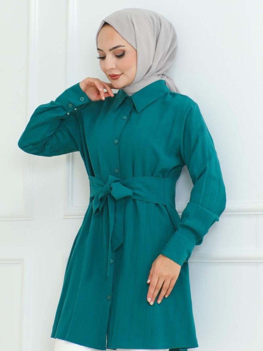 Mec Fashion Zümrüt Yeşili Bağlamalı Gömlek Tunik