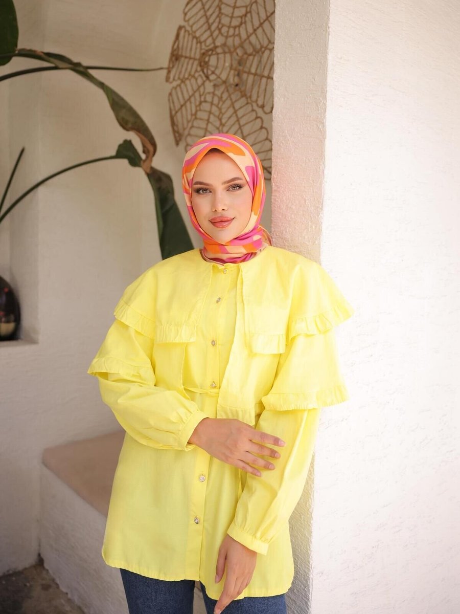 Nergis Neva Butik Sarı Çift Pelerinli Beli Bağlamalı Tunik