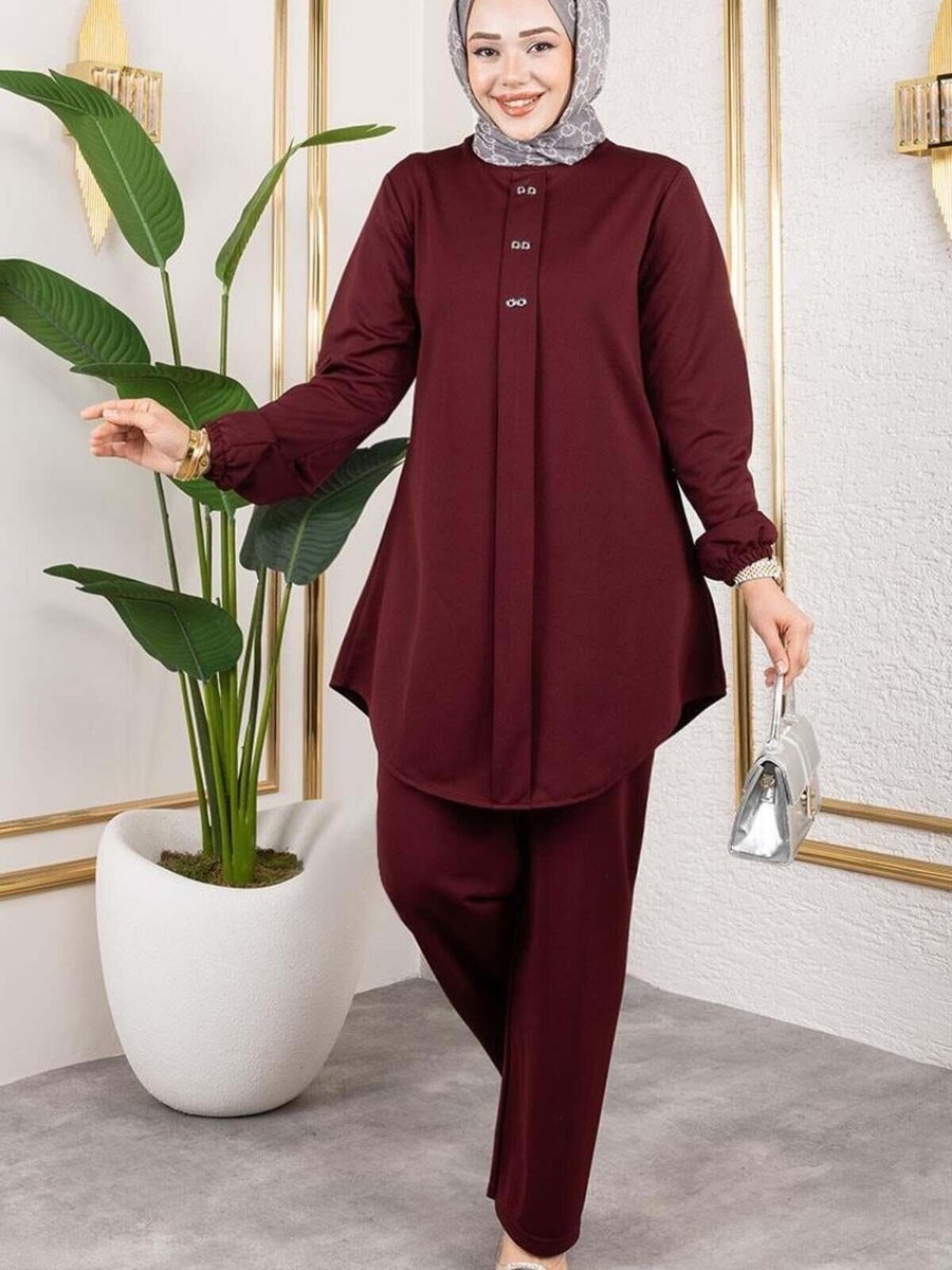 Mec Fashion Bordo Önden Patlı Krep İkili Takım