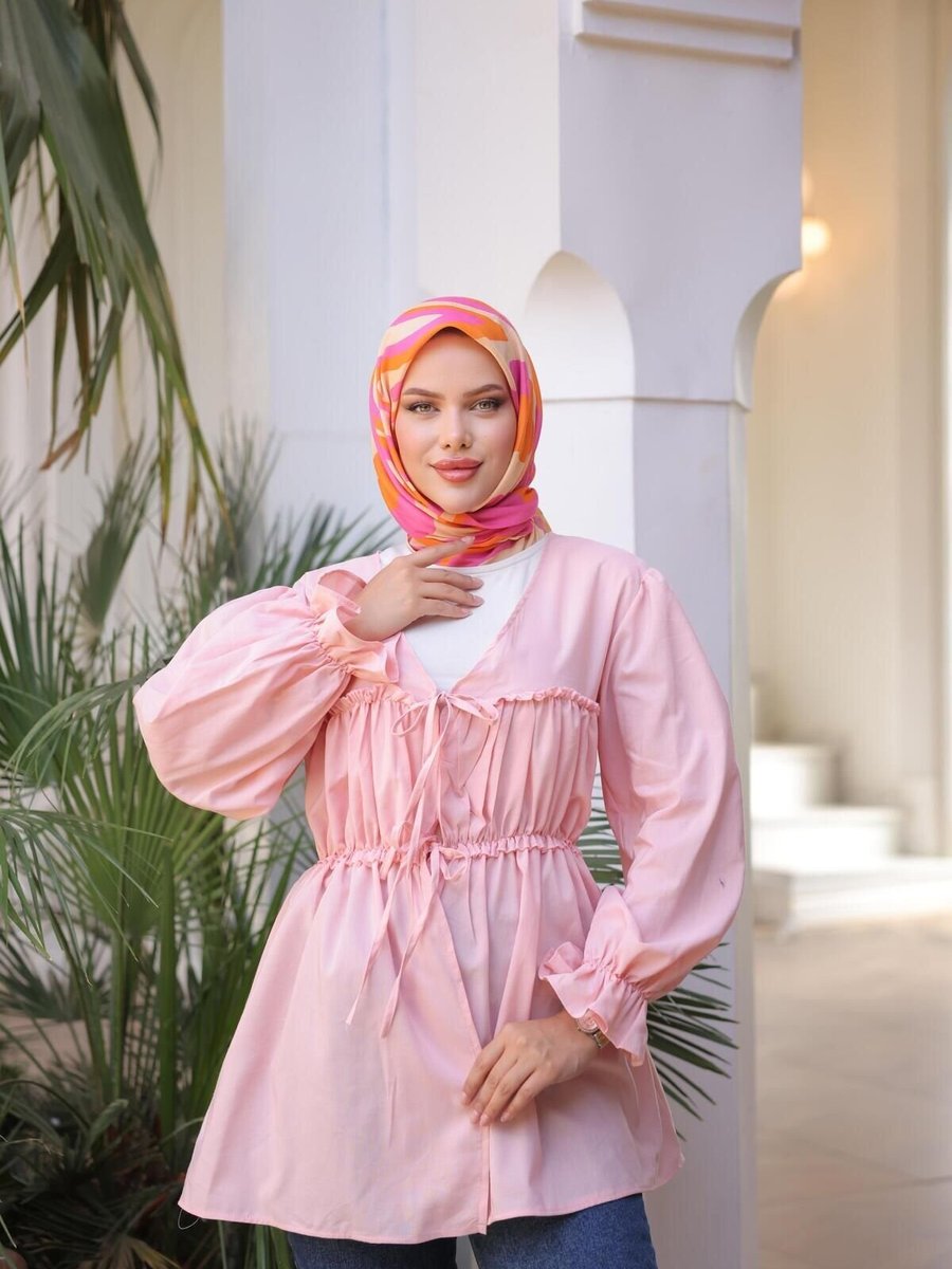 Nergis Neva Butik Pudra Beli Büzgülü Lastikli Kimono Tunik