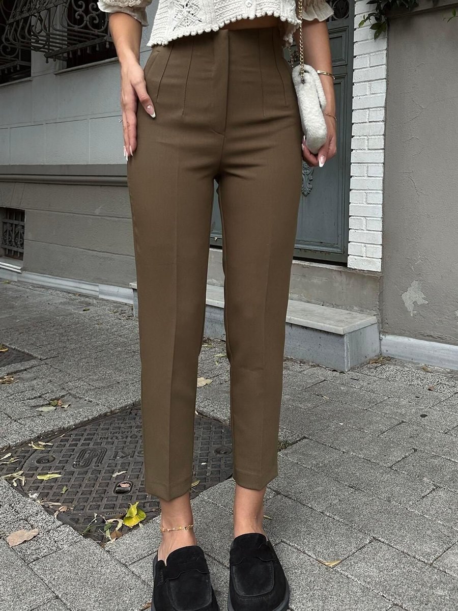 Moda cameo Koyu Yeşil Yüksek Bel Fletolu Pantolon