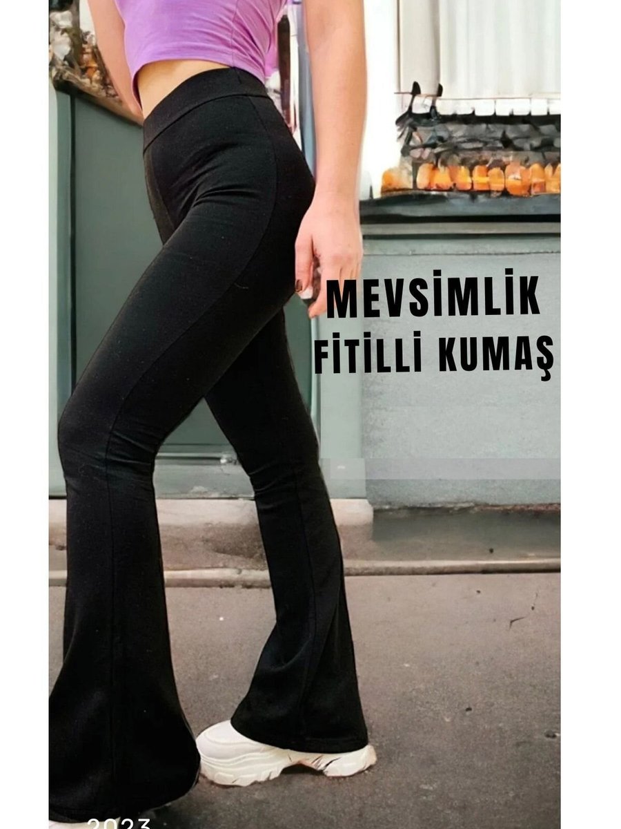 Swana Siyah Yüksek Bel Toparlayıcı Mevsimlik Fitilli Kumaş Ispanyol Paça Tayt Pantolon