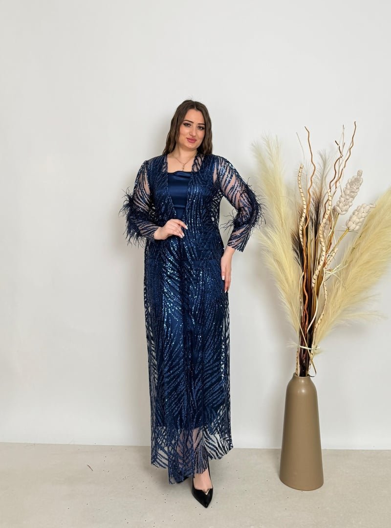 De White`s Lacivert Kadın Kimono Ve Elbiseli Abiye Li Takım