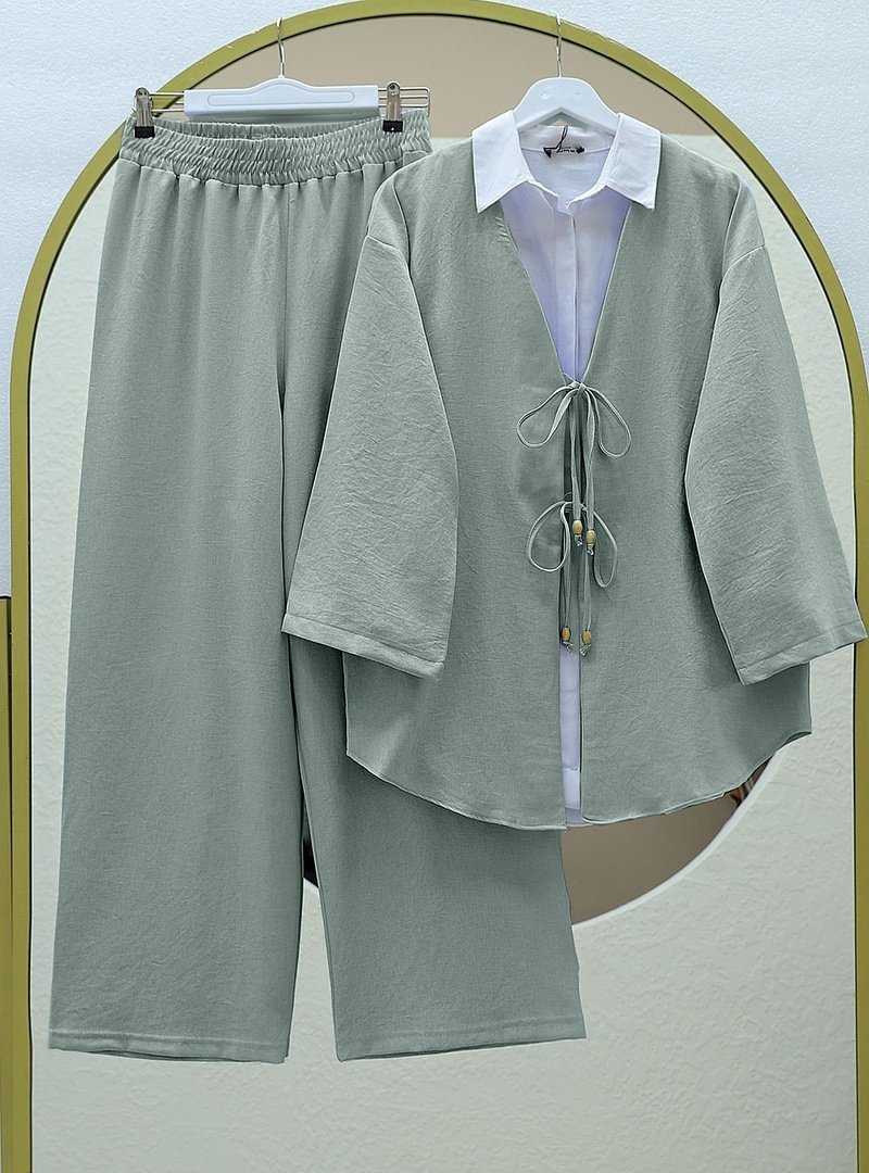 Podyumplus Mint Önü Çift Bağlamalı Pantolonlu Kimono Takım