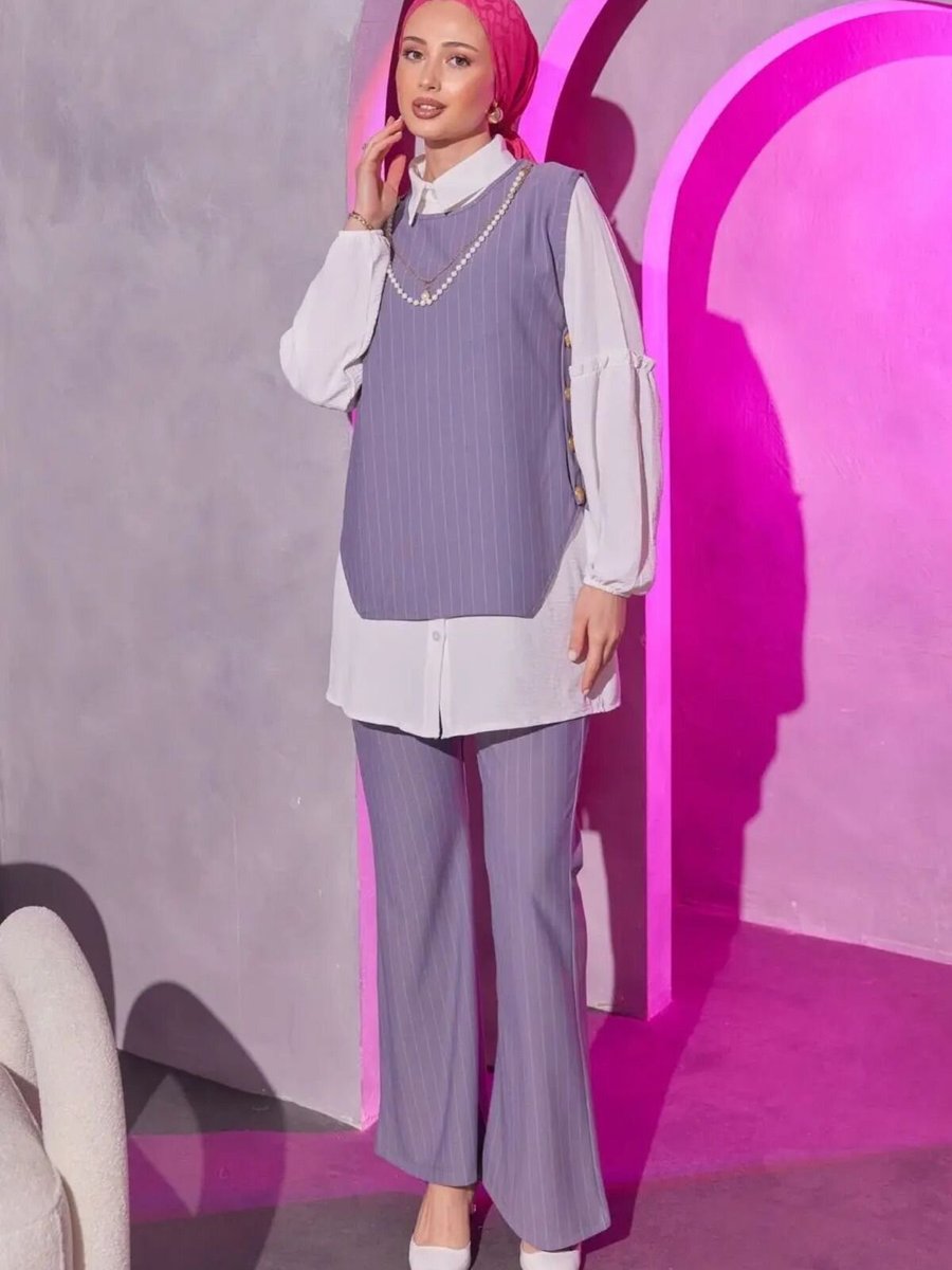 Mec Fashion Gri Üçlü Çizgili Takım