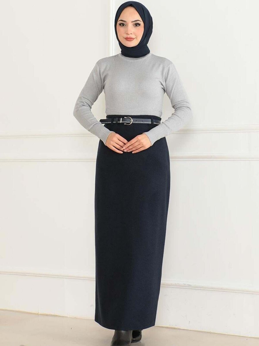 Mec Fashion Lacivert Uzun Kemerli Kaşe Kalem Etek