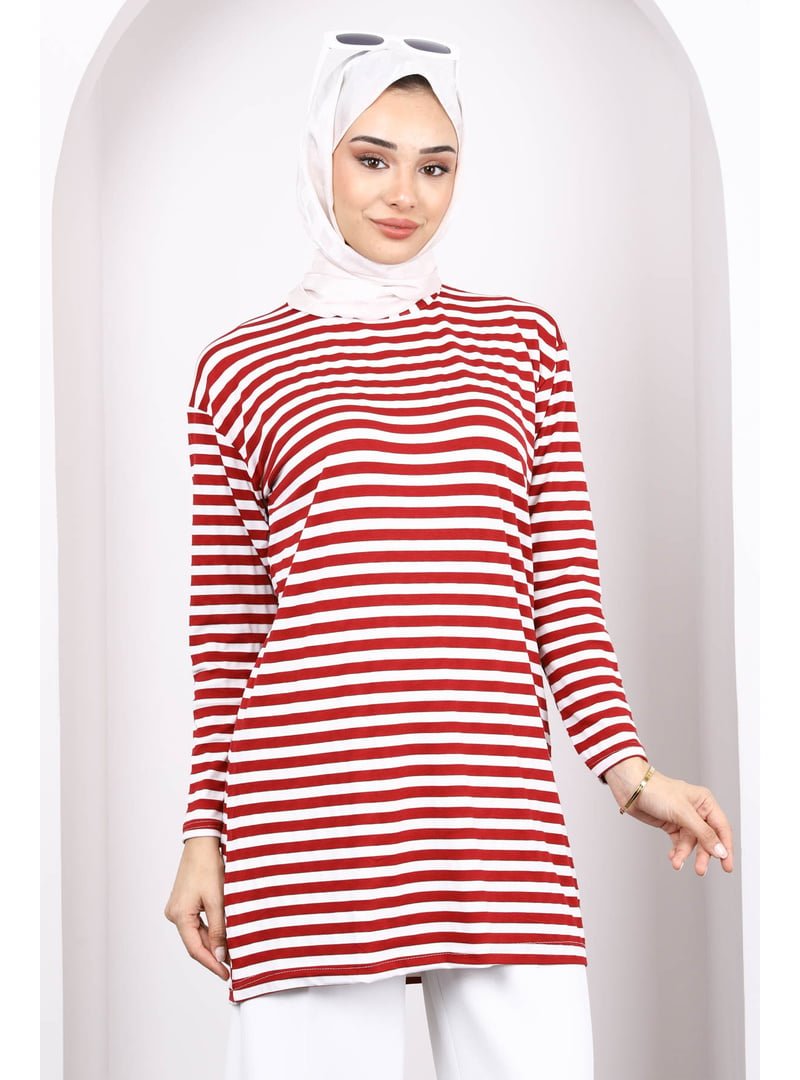 İmaj Butik Bordo Çizgili Uzun Kol Tunik