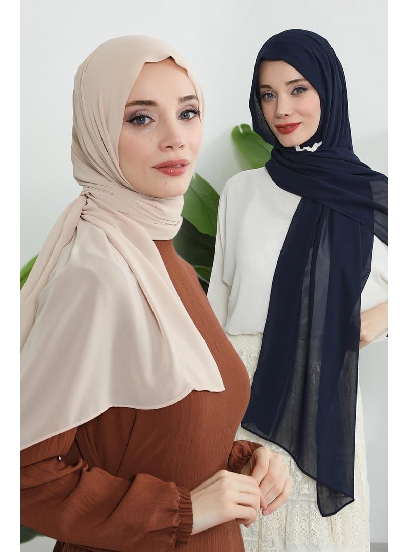 Aisha`s Design Lacivert 2'li Set Penye İç Boneli Şifon Şal,ps 46set Açık Vizon