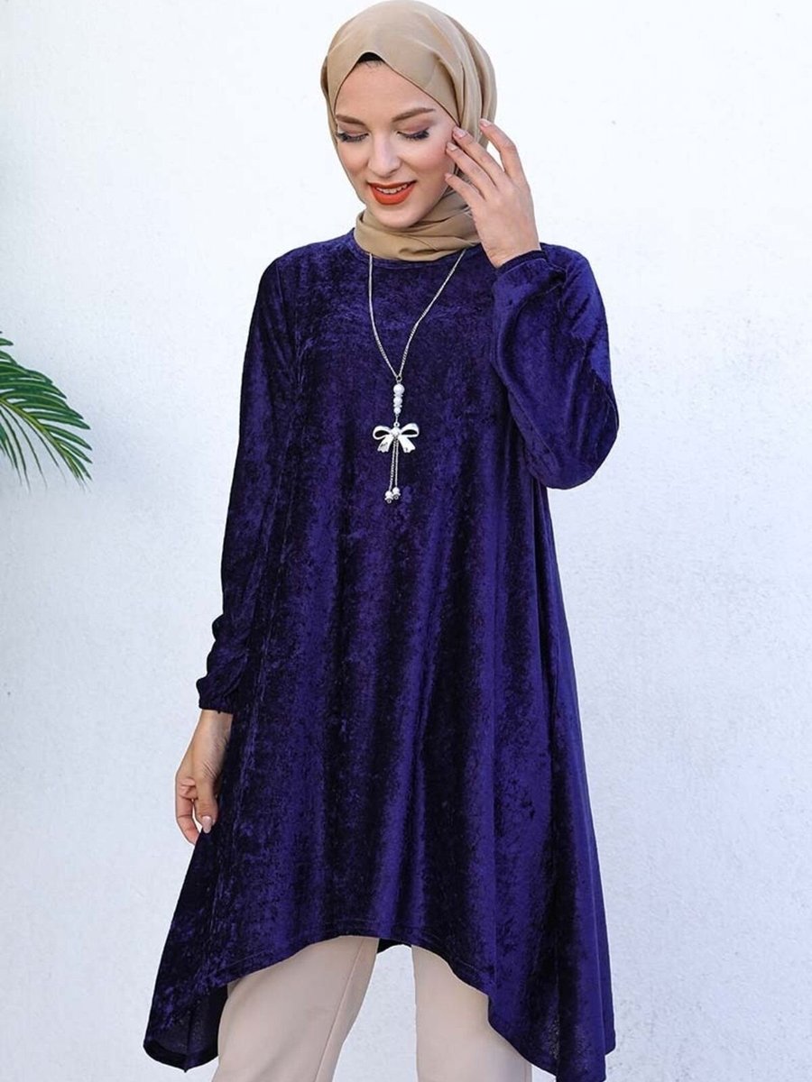 Mec Fashion Lacivert Asimetrik Model Kadife Tunik