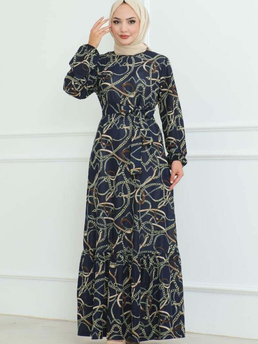 Mec Fashion Lacivert Büzgülü Zincir Desenli Elbise