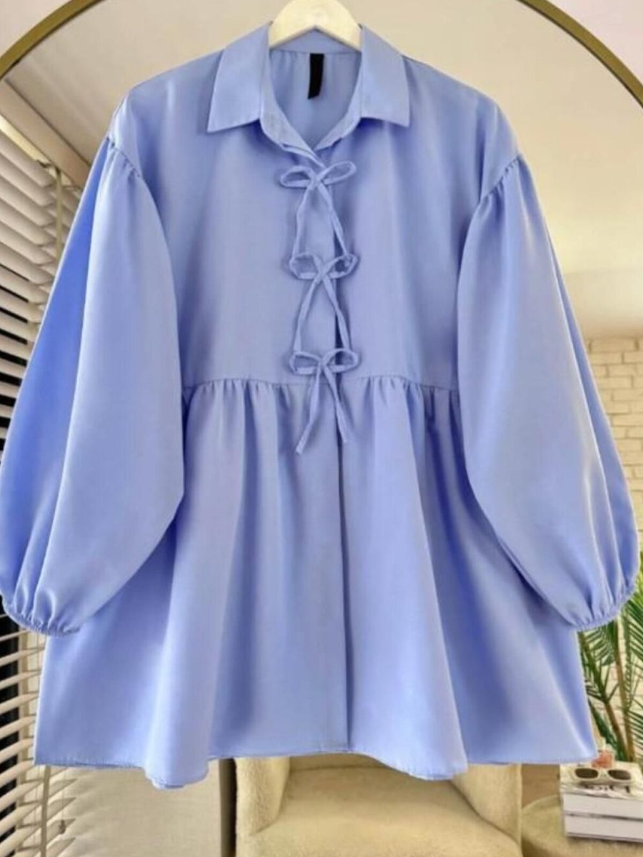Nergis Neva Butik Mavi Poplin Kumaş Fiyonklu Balon Kol Tunik