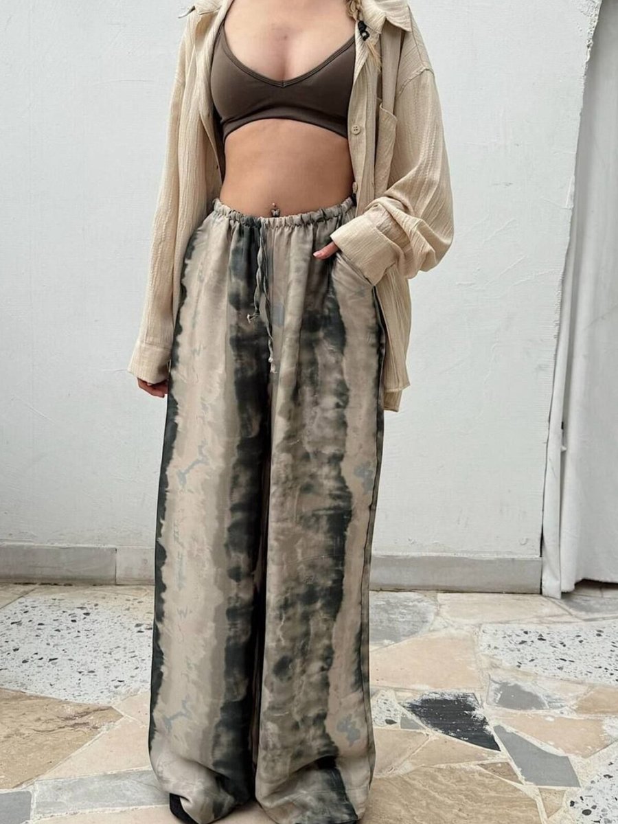 İLKCET MODA Haki Desenli Saten Oversize Bol Pantolon