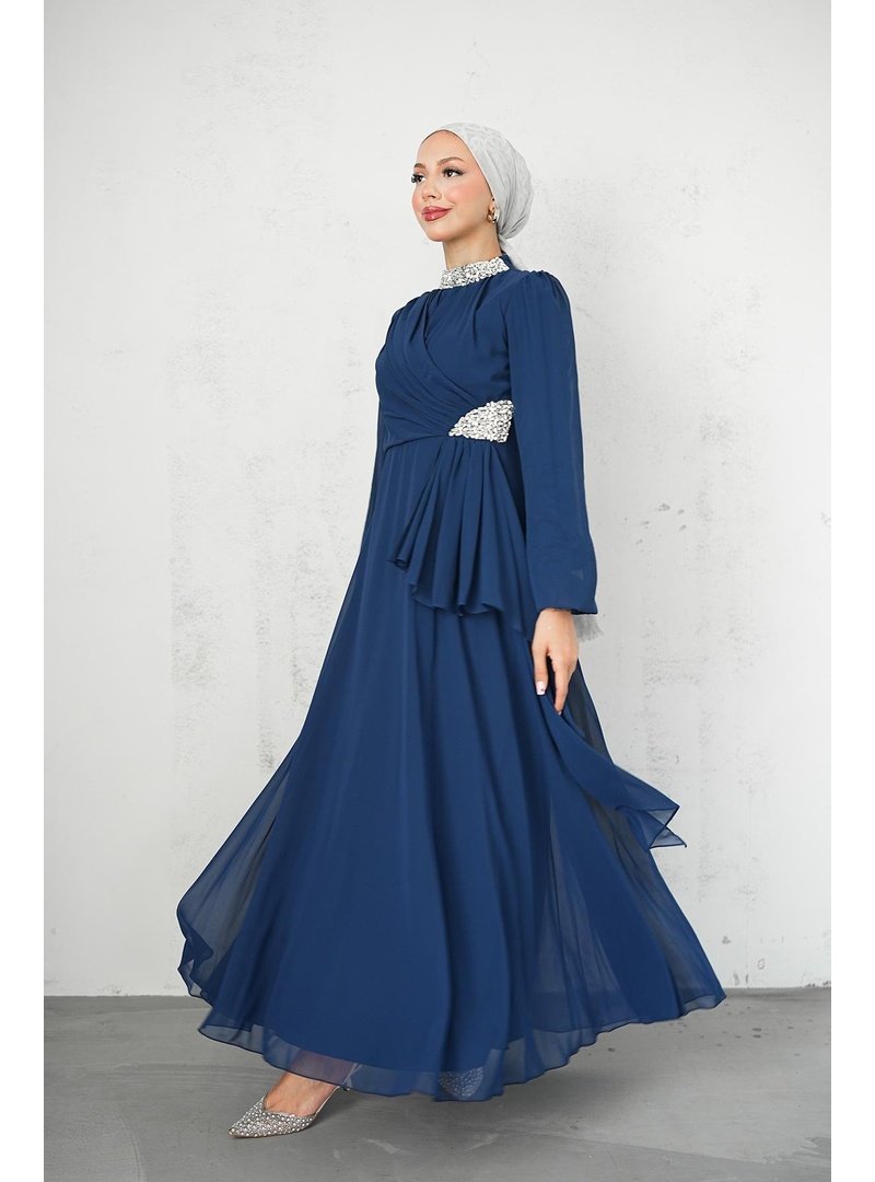 Hakimoda Lacivert Silver Şifon Abiye Elbise