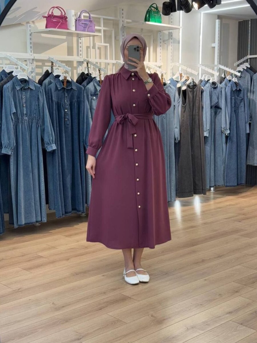 OlaLady Mürdüm Arkası A Pile Düğmeli Kuşaklı Elbise