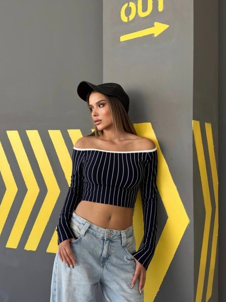 İLKCET MODA Lacivert Çizgili Ottoman Kumaş Madonna Crop