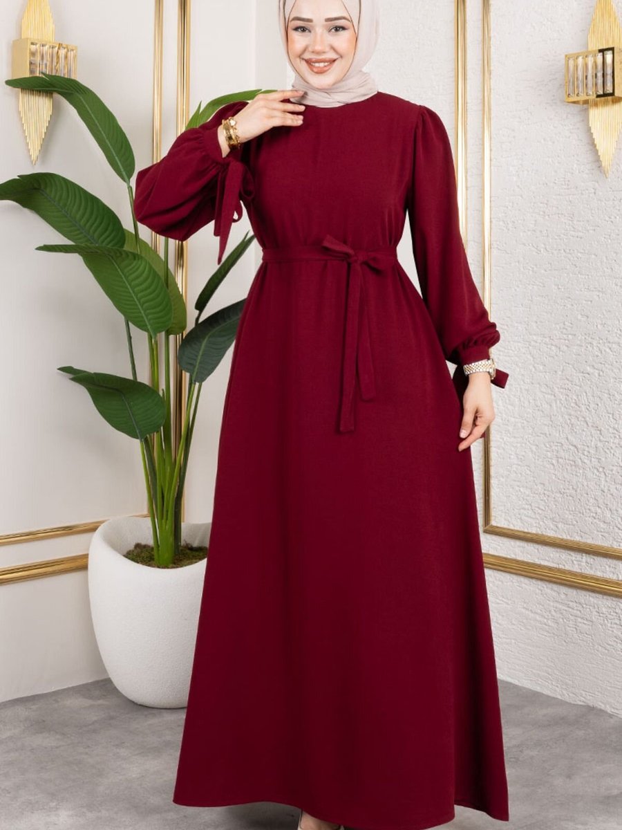 Mec Fashion Bordo Manşeti Bağcıklı Elbise