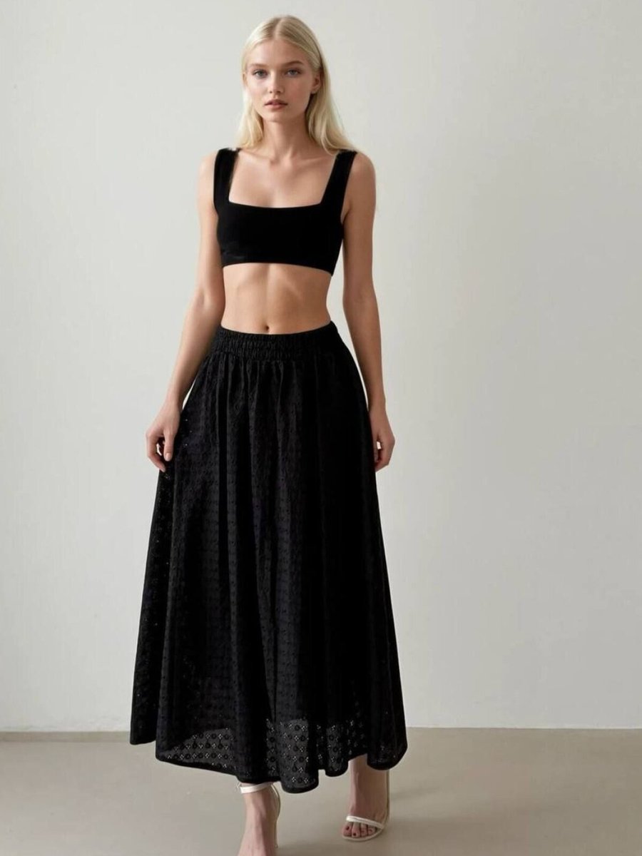 İLKCET MODA Siyah Uzun Kuşgözü Detay Fisto Bel Lastikli Etek