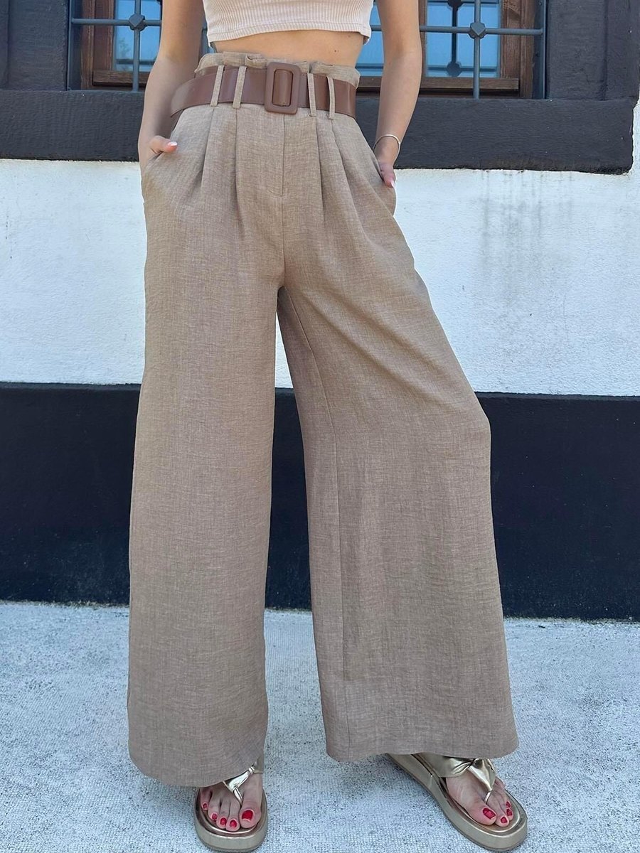 Moda cameo Camel Keten Kemerli Bol Paça Pantolon