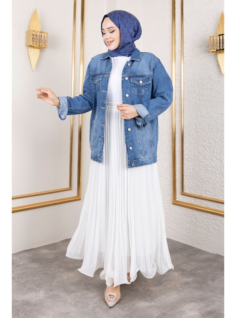 Tesettür Dünyası Mavi Cepli Denim Ceket