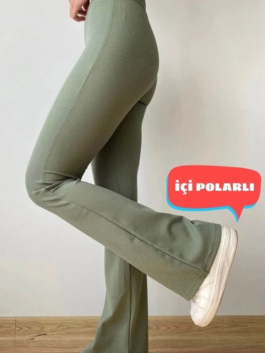 Swana Haki Yüksek Bel Toparlayıcı Içi Polarlı Kışlık Fitilli Ispanyol Tayt Pantolon