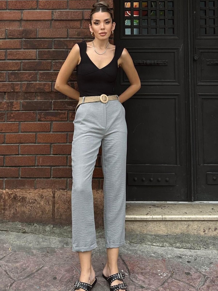 Moda cameo Gri Keten Kemerli Düz Paça Pantolon