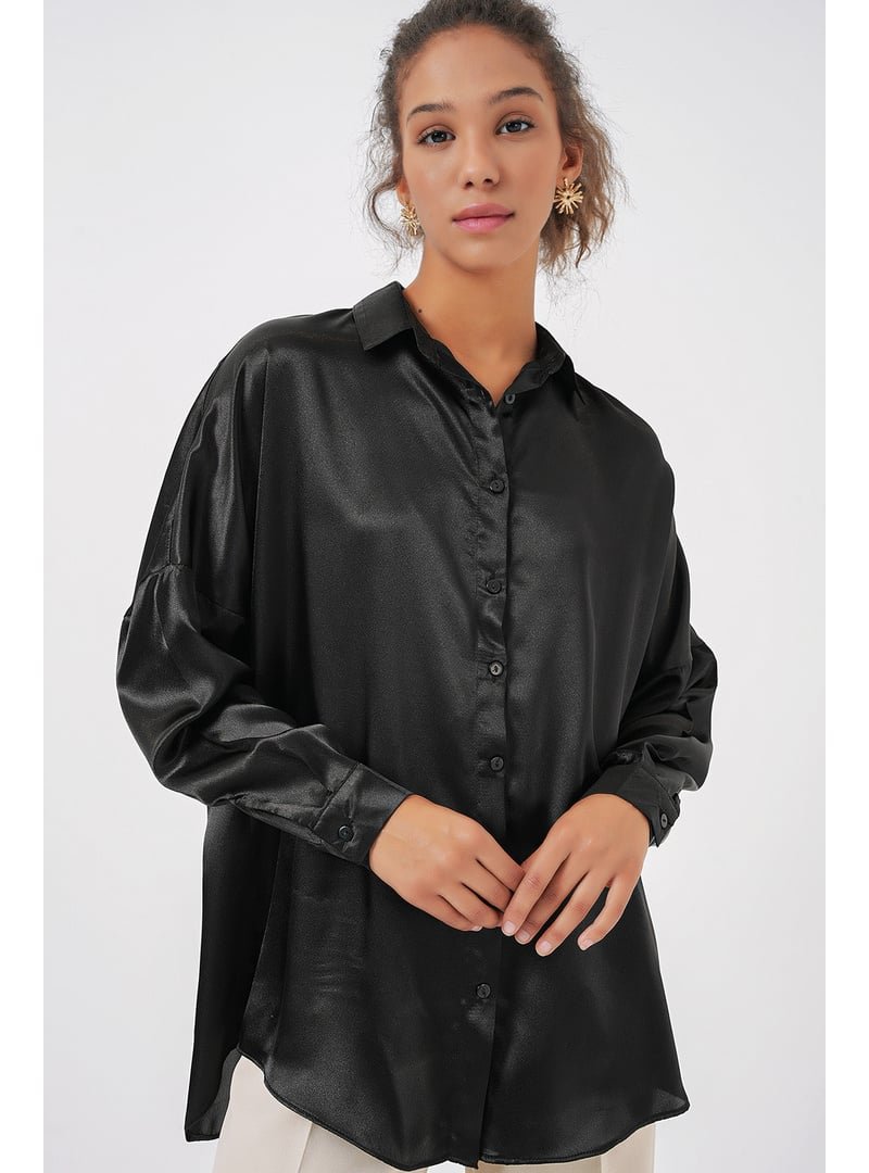 Bigdart Siyah Oversize Saten Gömlek