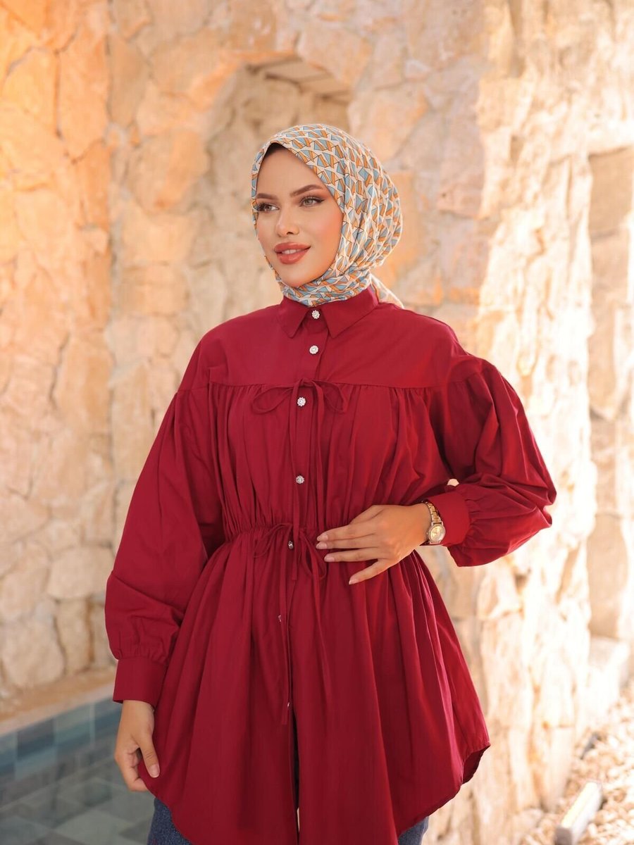 Nergis Neva Butik Bordo Beli Büzgülü Bağlamalı Tunik