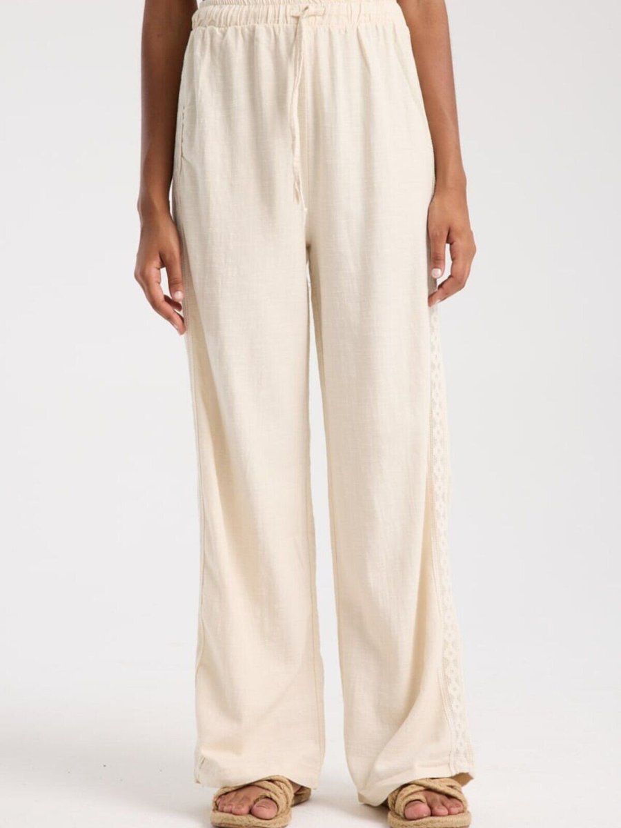 İLKCET MODA Ekru Yan Etnik Desenli Oversize Keten Pantolon