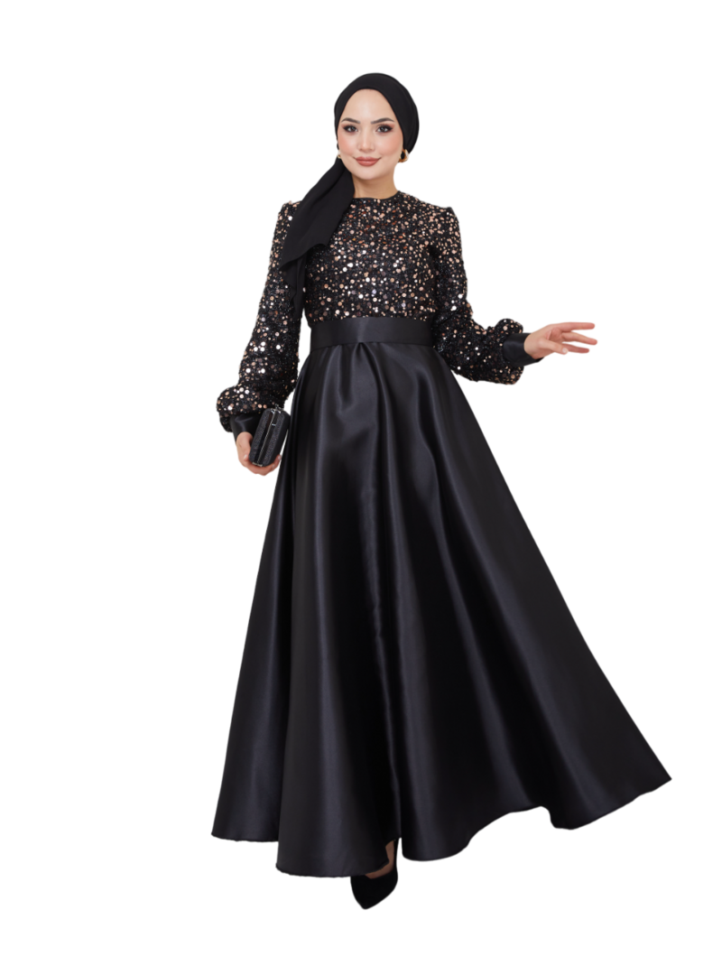 AYŞE MELEK TASARIM Giyim Moda Pul Detaylı Saten Abiye Elbise Bakır