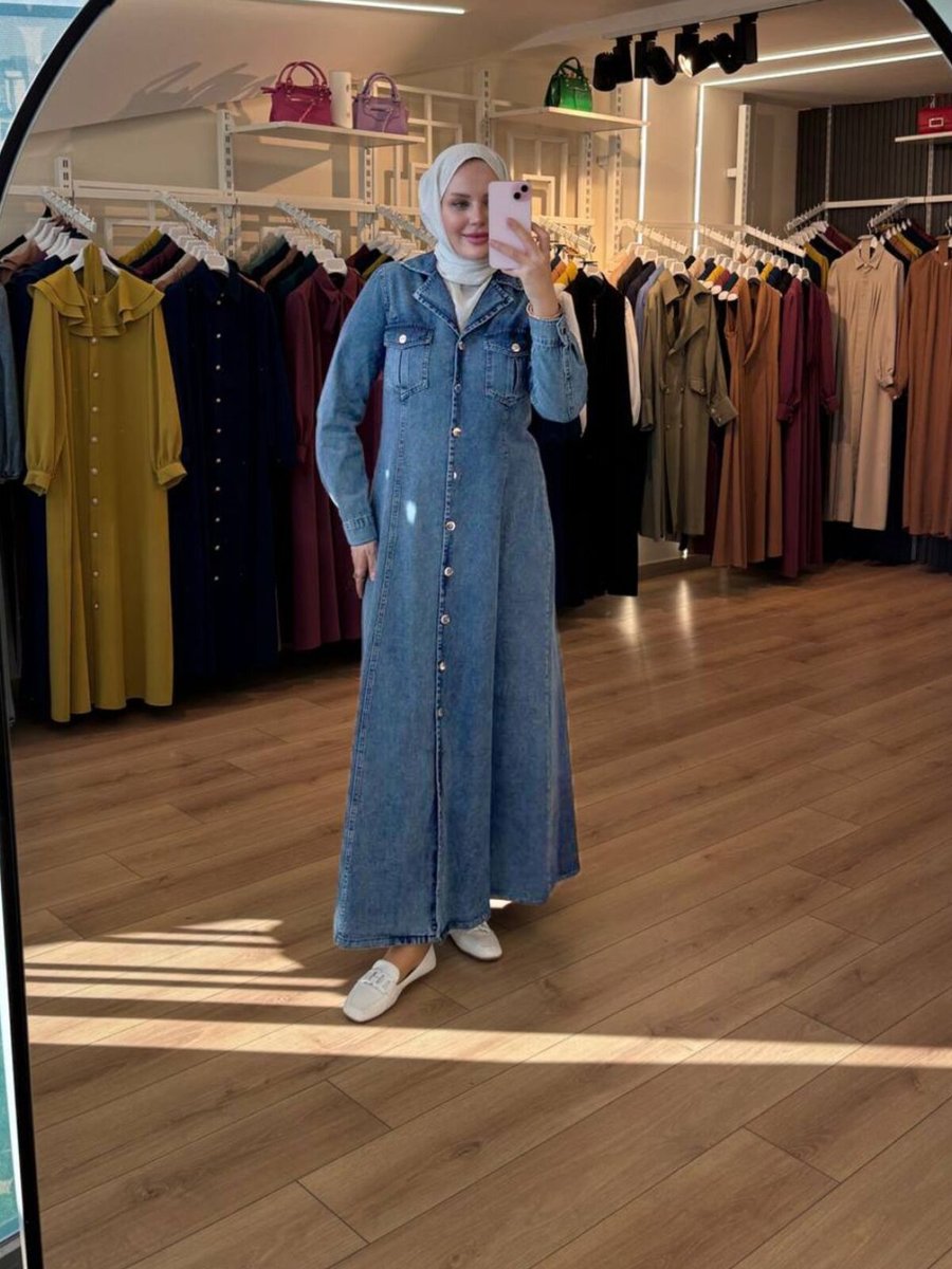 OlaLady Mavi Uzun Kargo Cepli Önü Boydan Düğmeli Kot Elbise