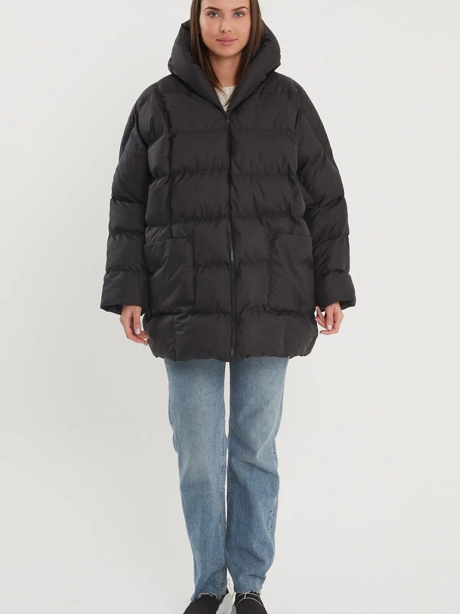 Swana Siyah Oversize Kapüşonlu Şişme Mont