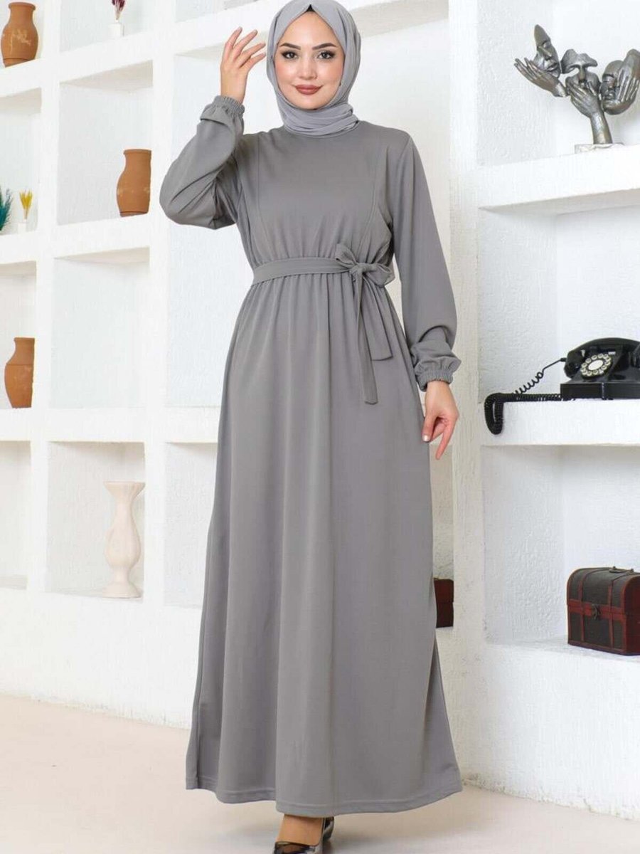 Mec Fashion Gri Kuşak Detaylı Elbise