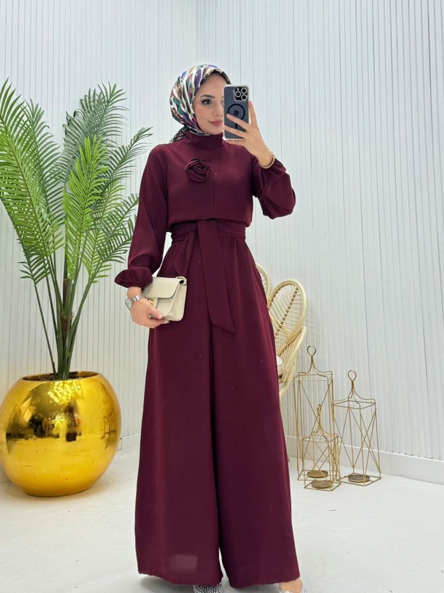 XXL BUTİK Bordo Çıkarılabilir Broş Gül Detaylı Tulum