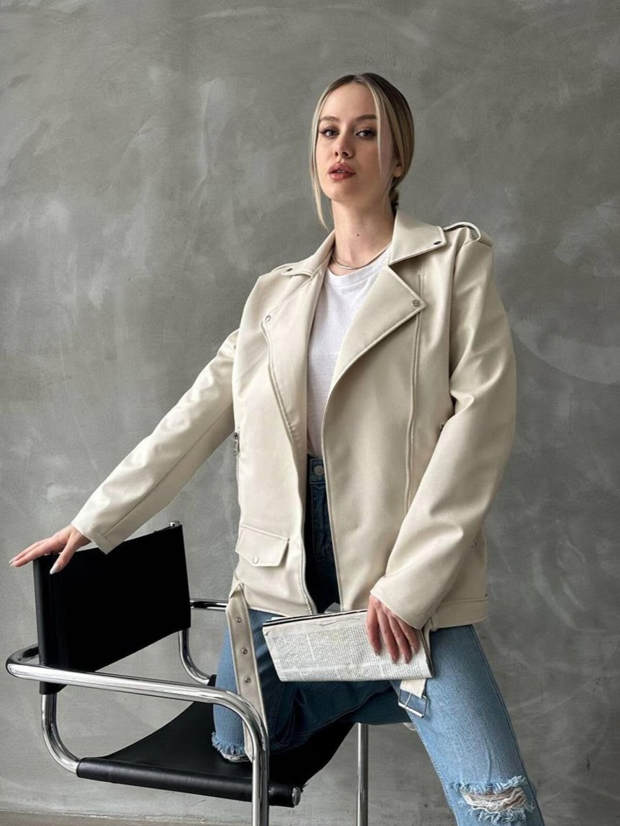 İLKCET MODA Kırık Beyaz Oversize Uzun Suni Deri Ceket