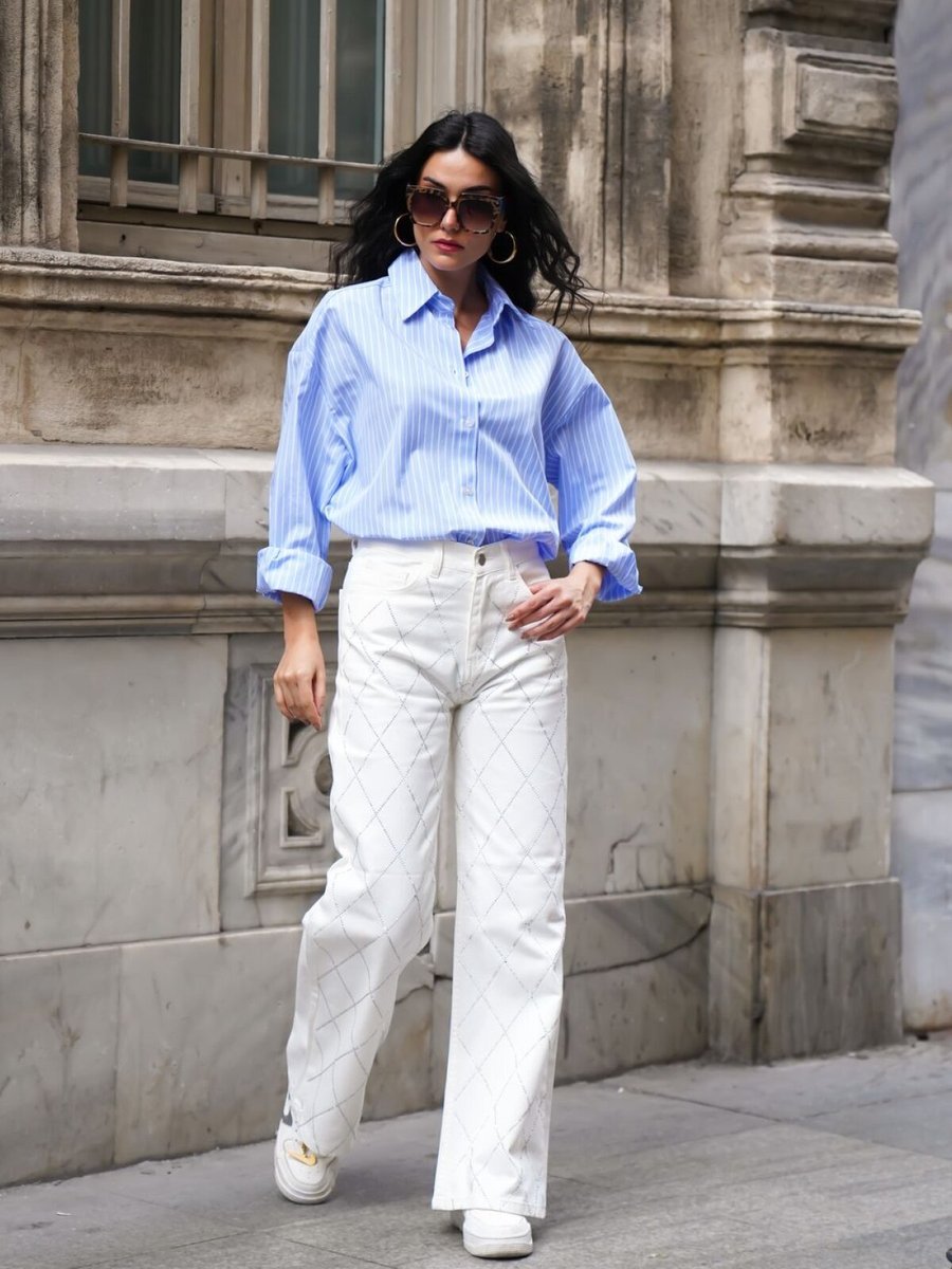 LOISY Beyaz Renk Palazzo Önü Starlight Parlak Taşlı Tasarım Denim