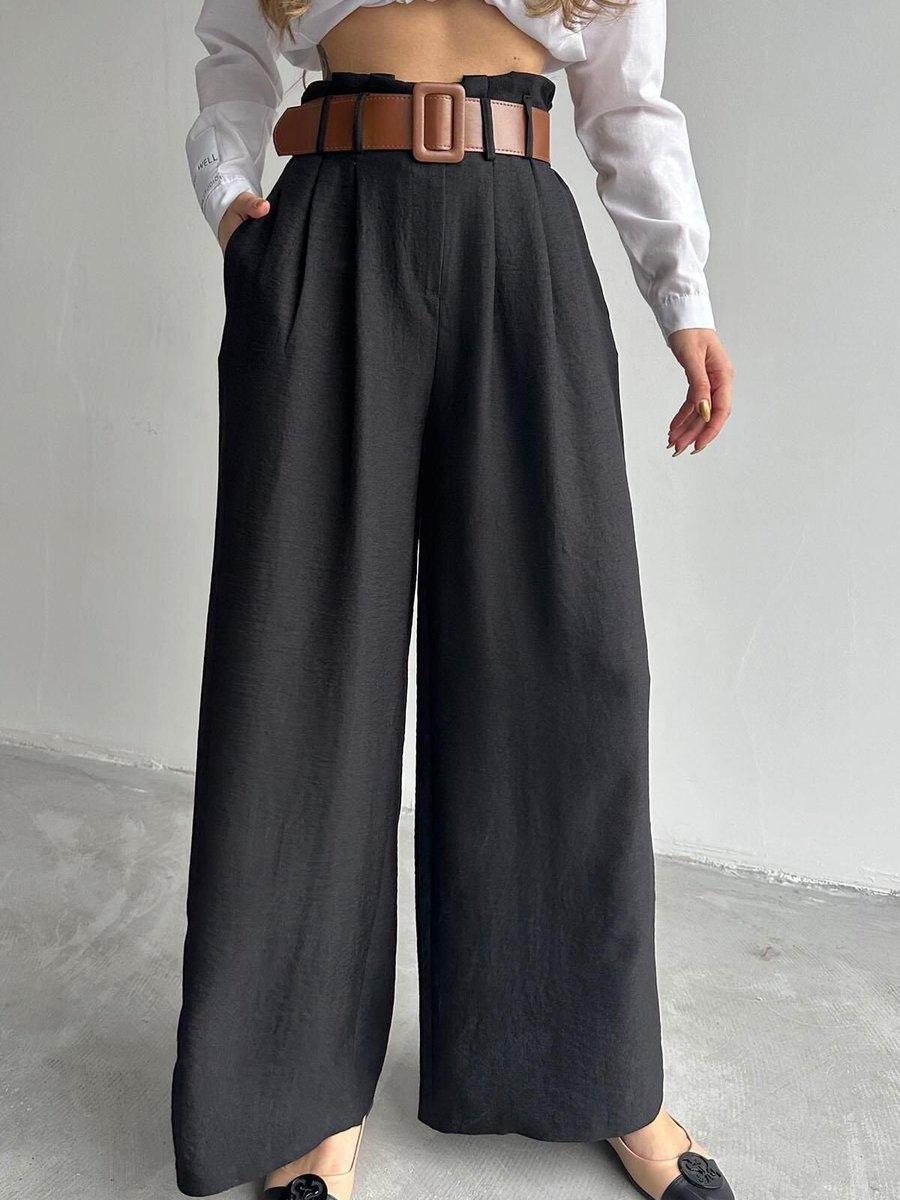 Moda cameo Siyah Keten Kemerli Bol Paça Pantolon