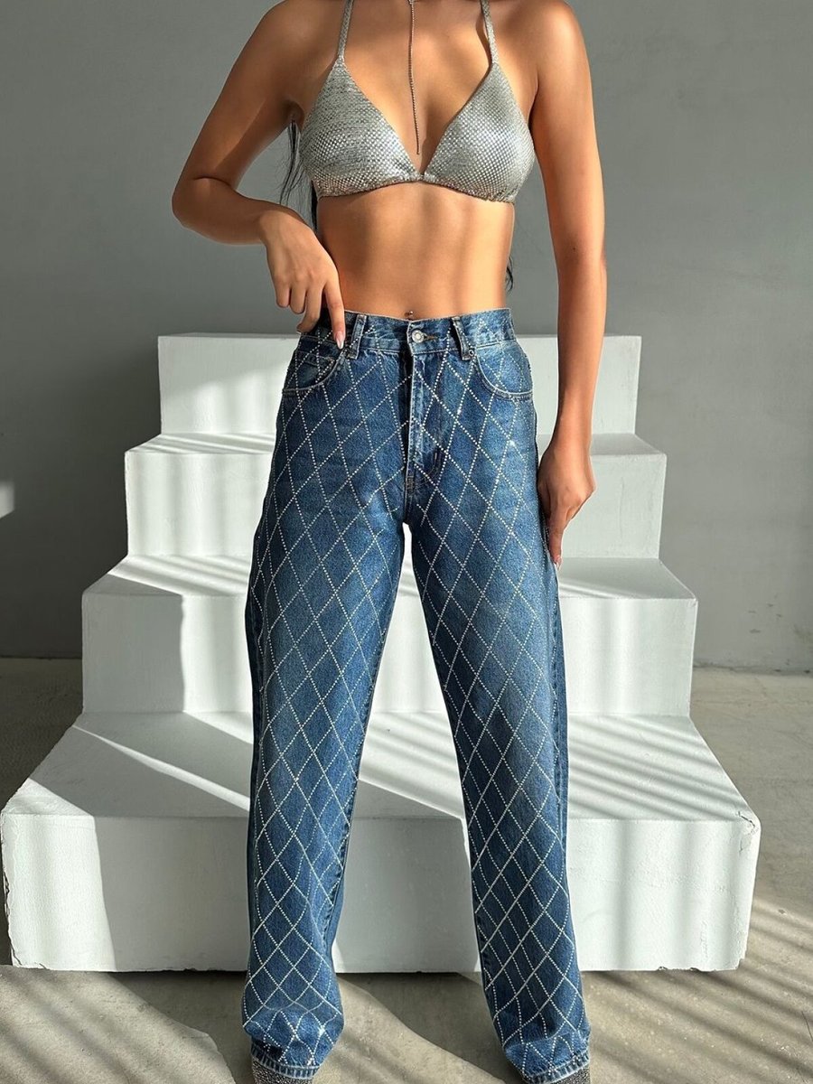 LOISY Mavi Loose Fit Önü Starlight Parlak Taşlı Tasarım Denim