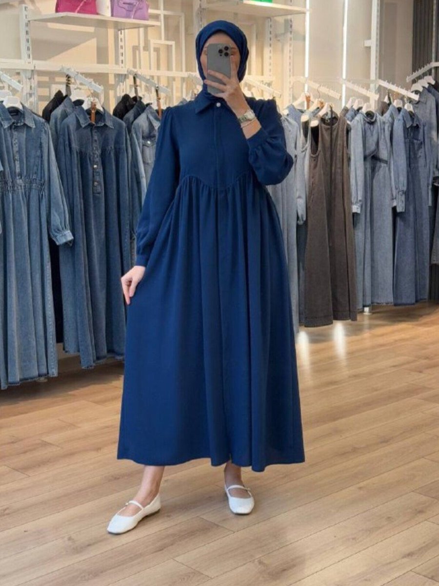 OlaLady Lacivert Göğüs Altından Dalga Büzgülü İnce Krep Kap Ferace