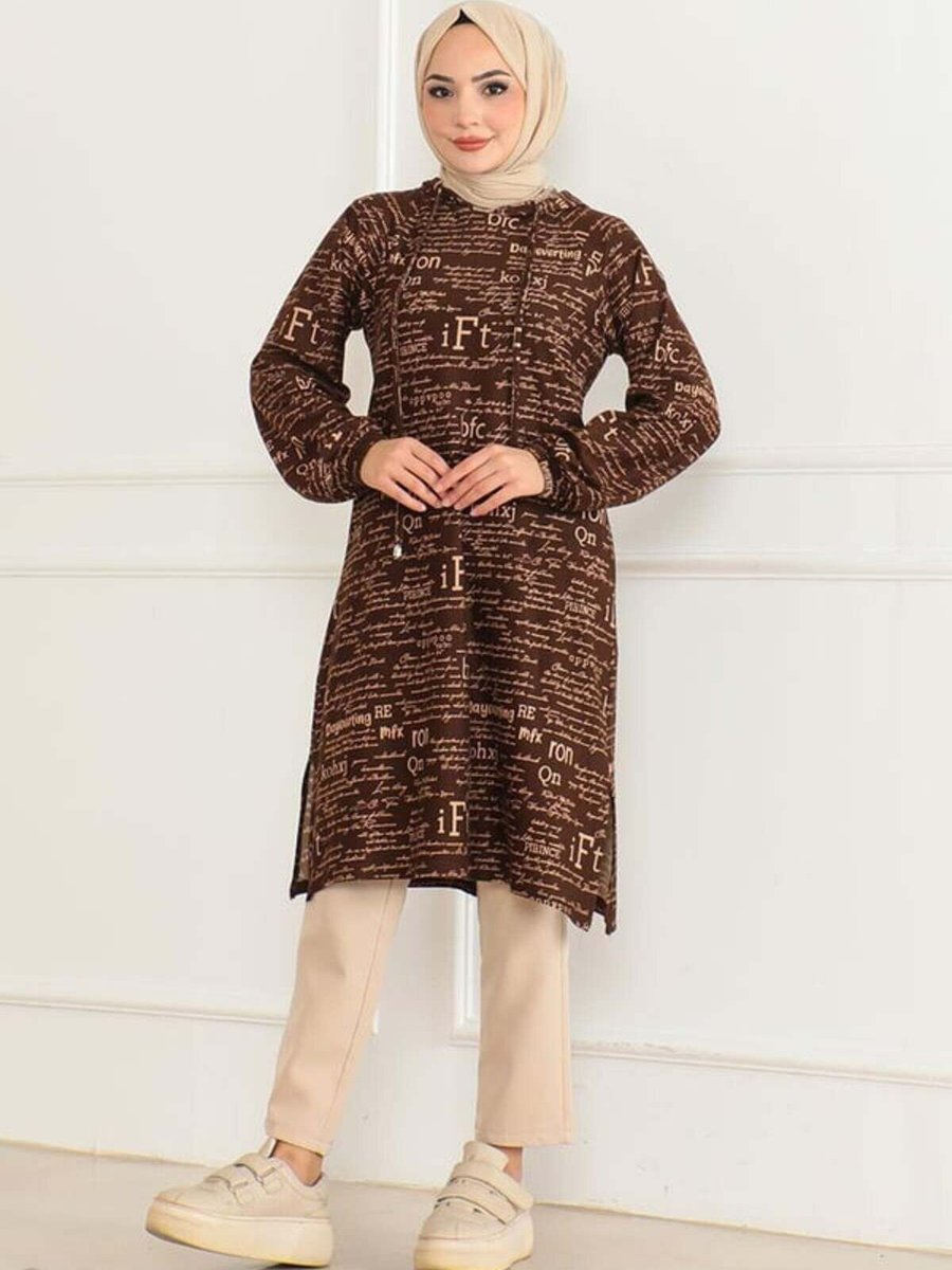 Mec Fashion Kahverengi Desenli Kapüşonlu Spor Tunik