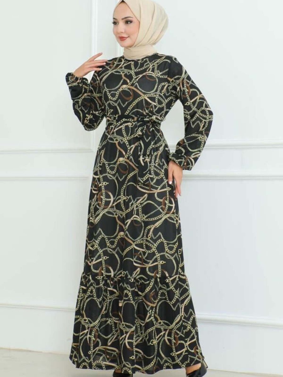 Mec Fashion Siyah Büzgülü Zincir Desenli Elbise