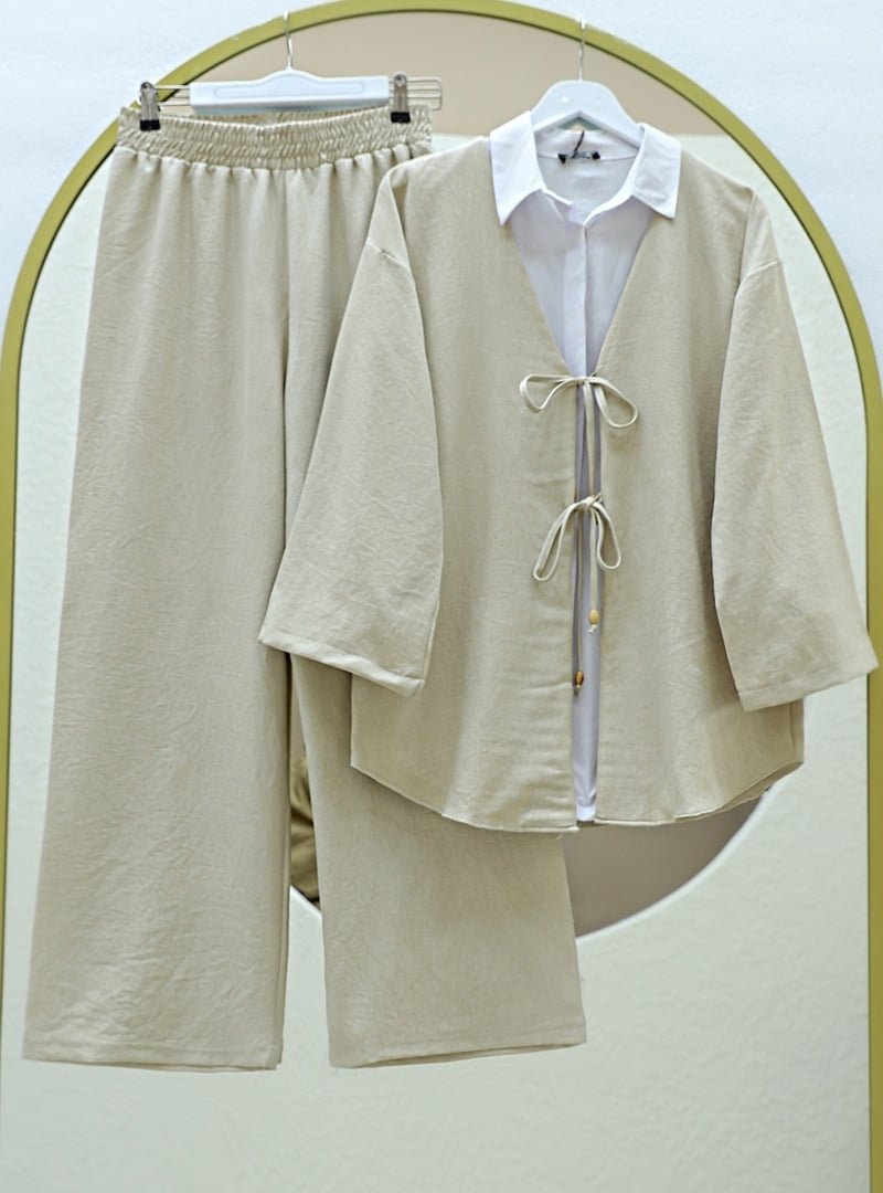 Podyumplus Bej Önü Çift Bağlamalı Pantolonlu Kimono Takım