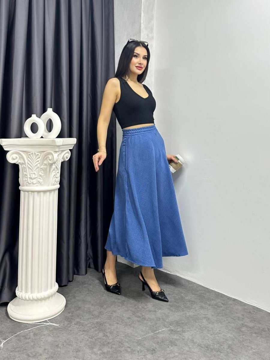 RAWEA FASHİON Mavi Uzun Keten Kloş Etek